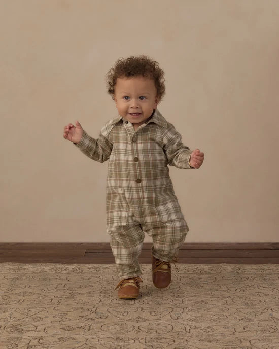 Collared Baby Jumpsuit Olive Dobby Plaid