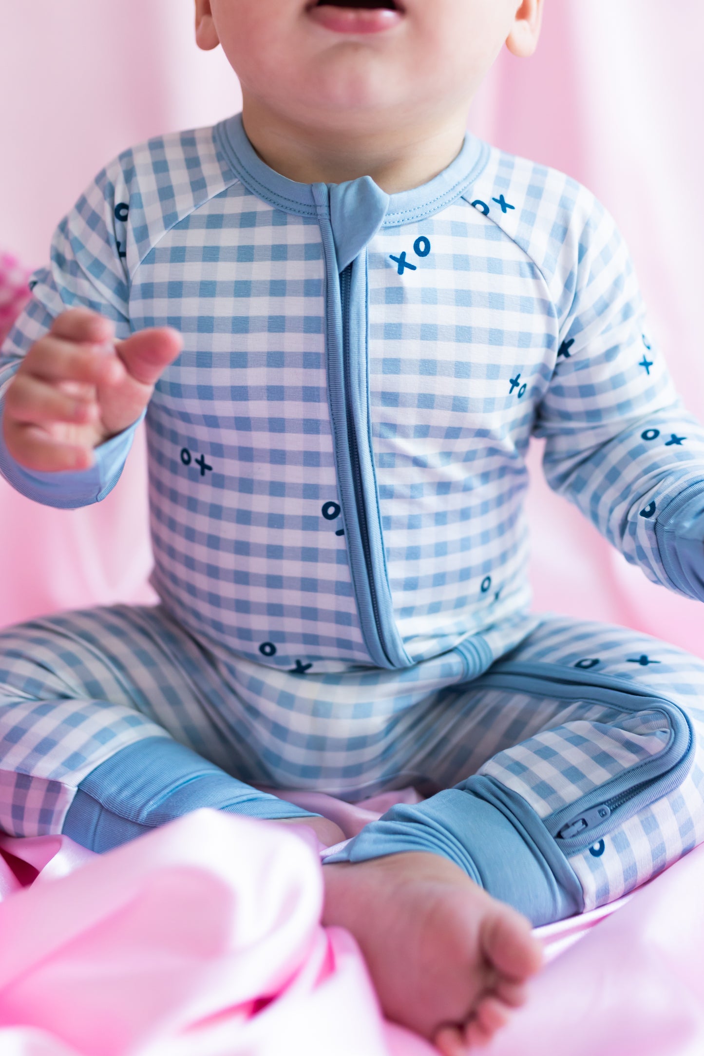 Blue XO GIngham Zipper Romper