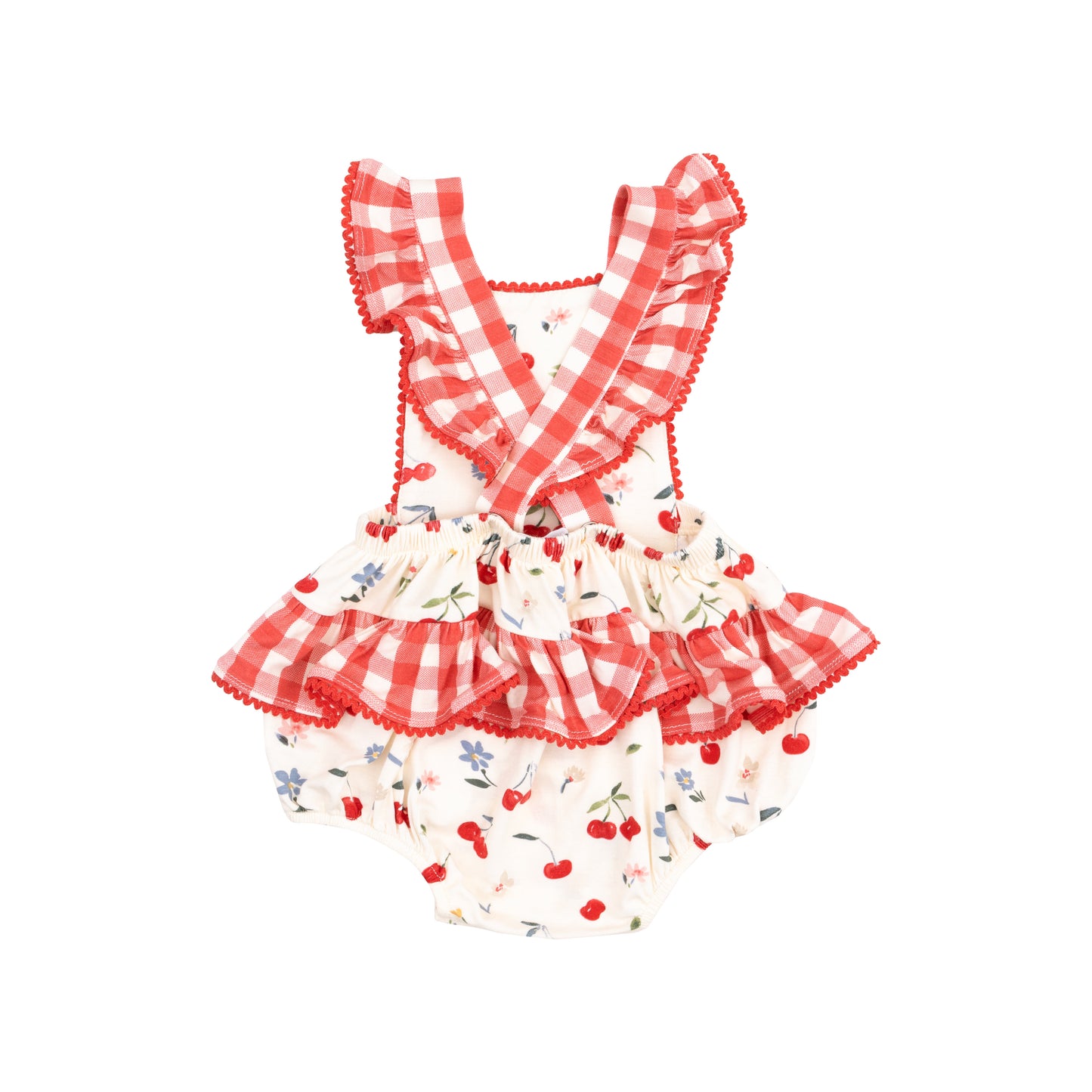 Cherries + Gingham Ric-Rac Ruffle Sunsuit