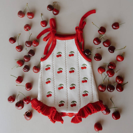 Cherry Knit Ruffle Romper