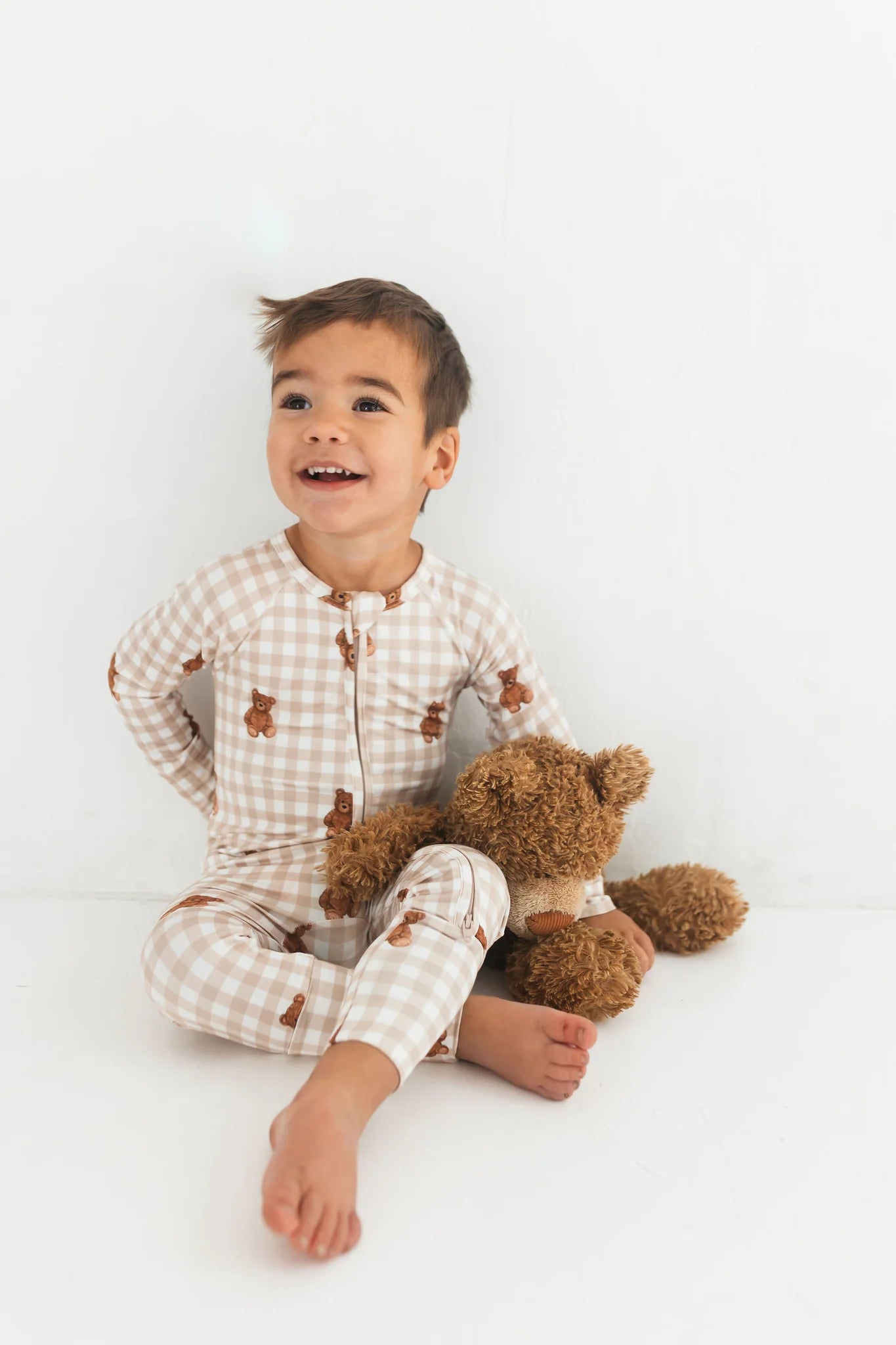 Teddy Gingham Zipper Romper