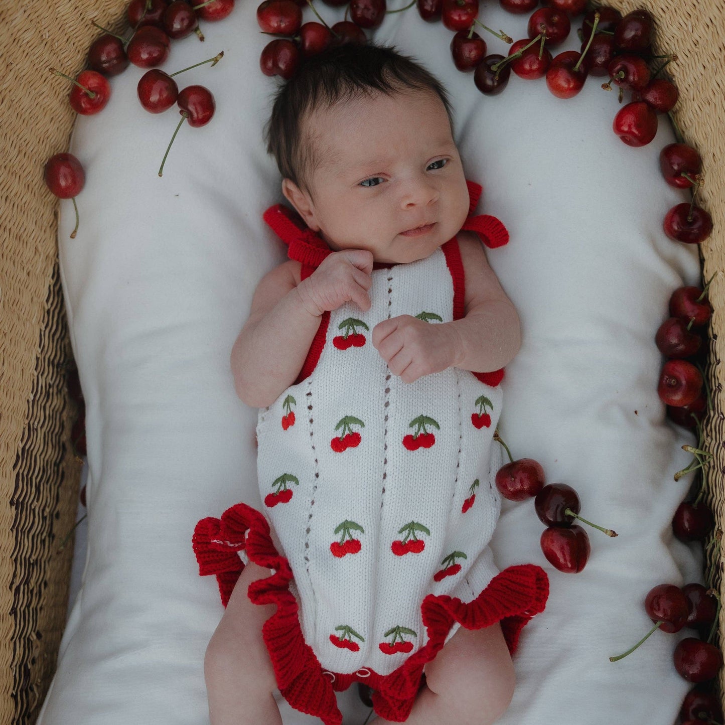 Cherry Knit Ruffle Romper