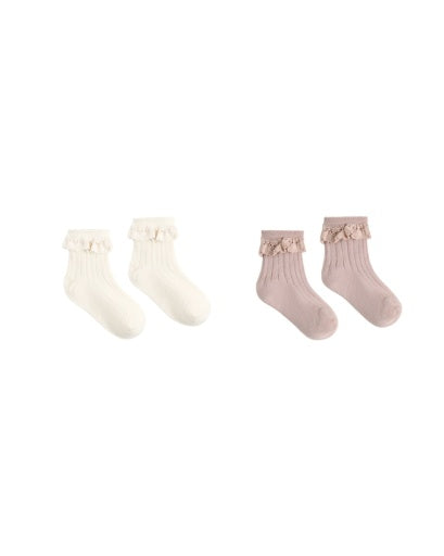 Lace Trim Socks, 2-PACK Rosewood, Natural