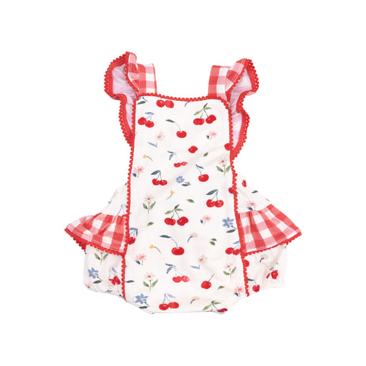 Cherries + Gingham Ric-Rac Ruffle Sunsuit