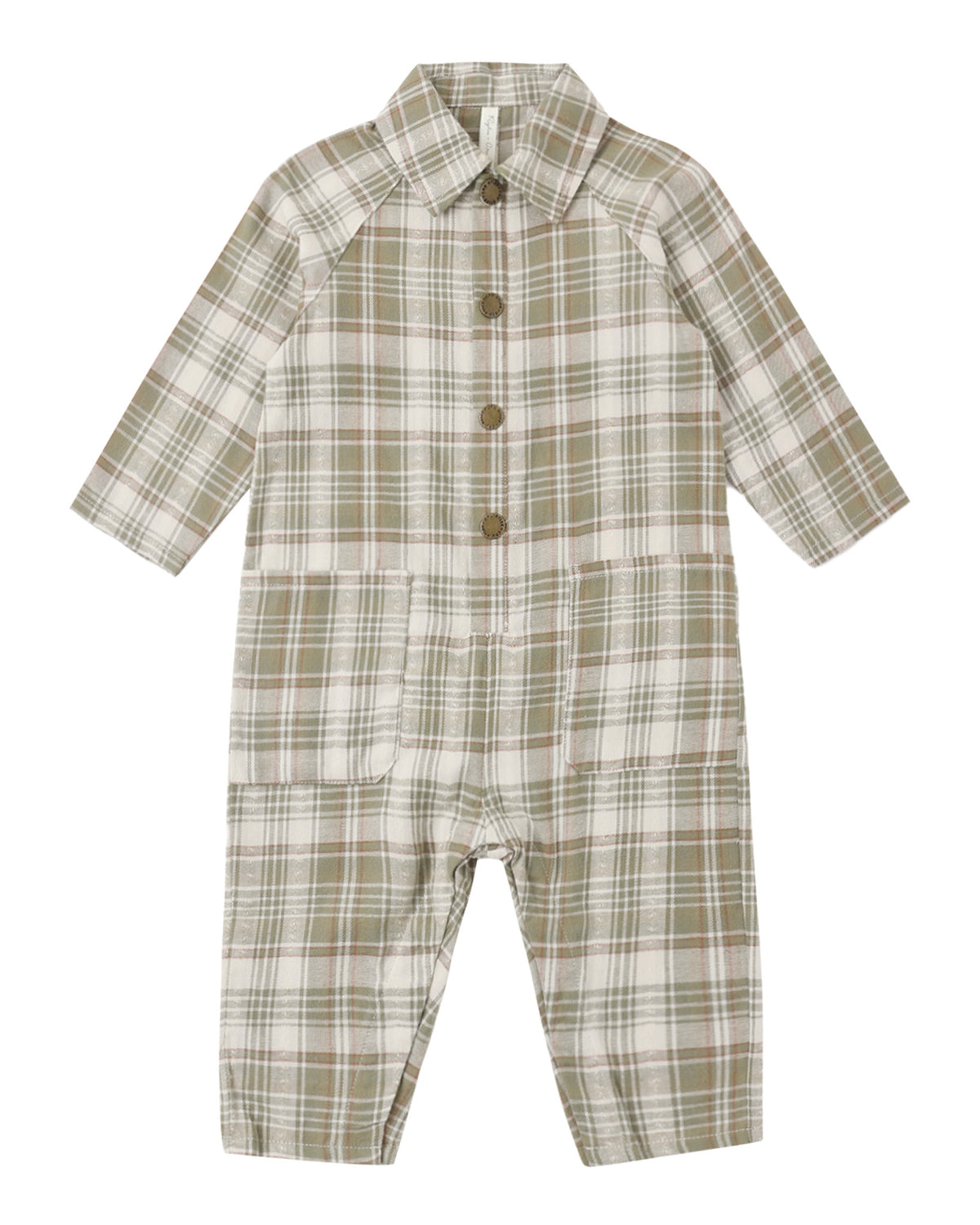 Collared Baby Jumpsuit Olive Dobby Plaid