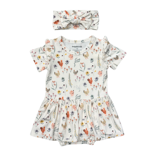 Floral Chickens Twirl Dress Set